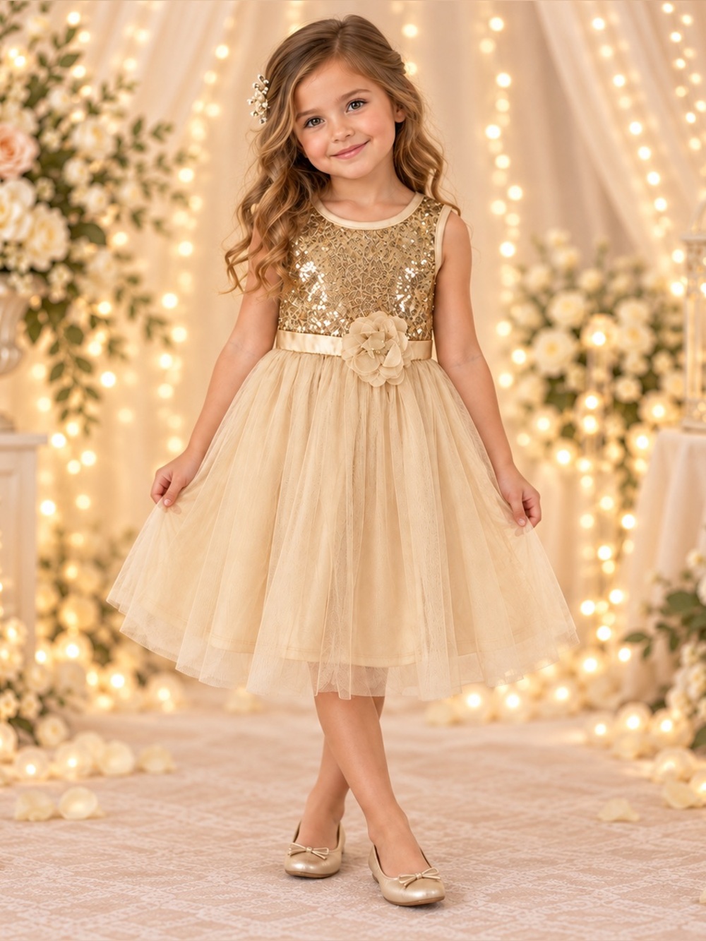 Lilt Girls 6 Gold Sequin Tulle Party Flower Girl Dress EUC
